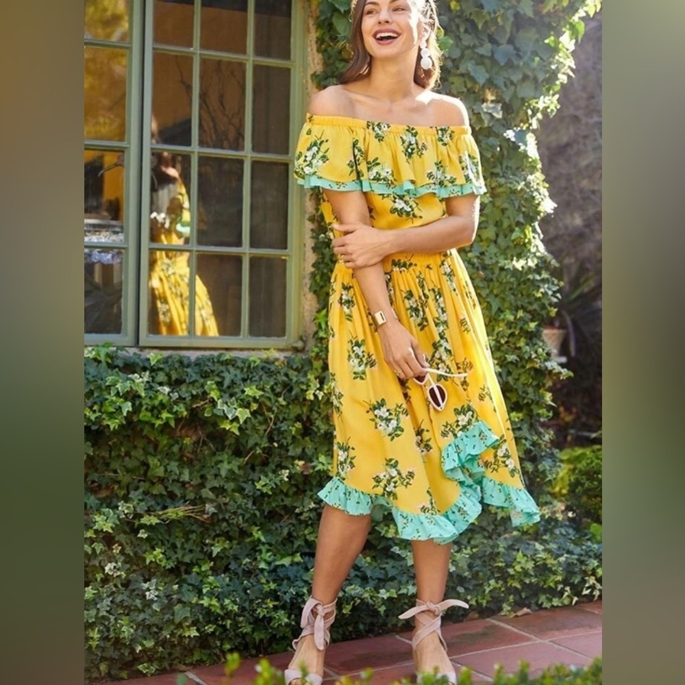 Matilda Jane Yellow Floral Off Shoulder Ruffle Midi Dress M Cottagecore Boho